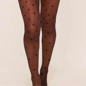 CHANEL Sheer Black Logo Patterned Tights